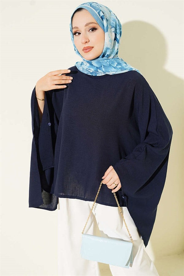 Batwing Sleeve Basic Blouse Navy Blue