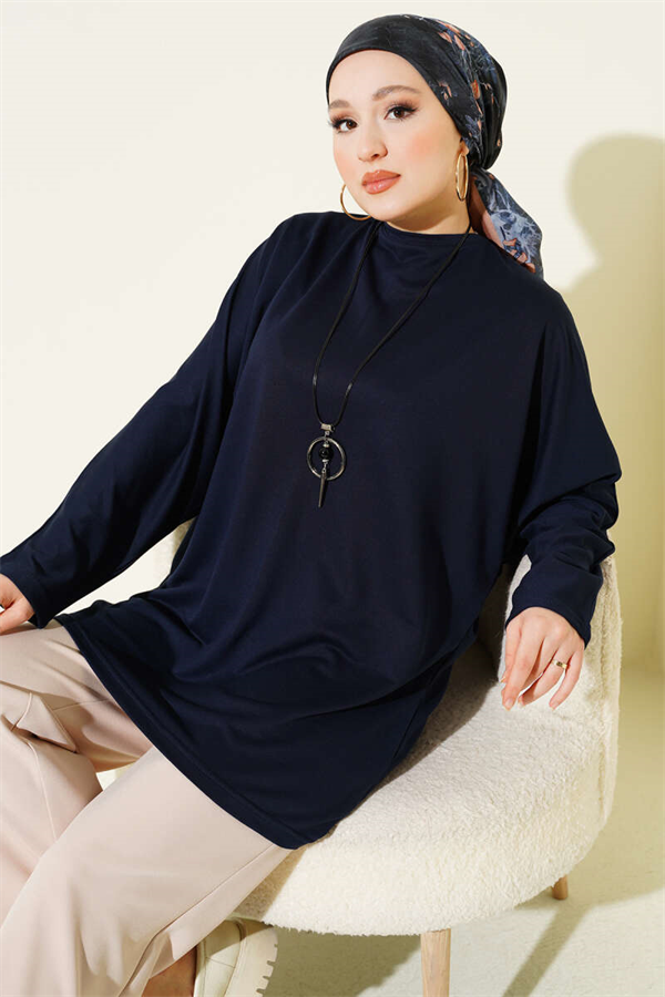 Batwing Sleeve Basic Loisha Tunic Navy Blue