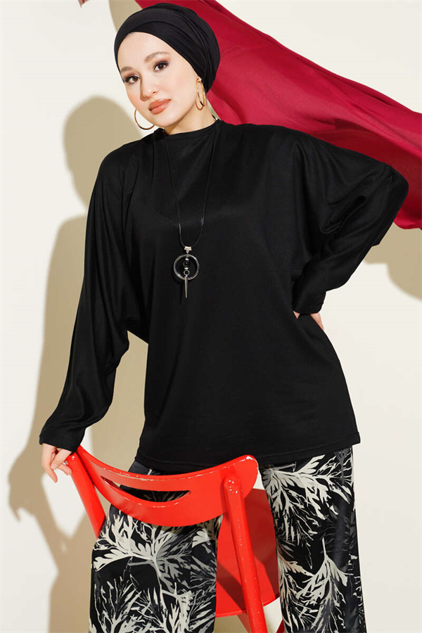 Batwing Sleeve Basic Loisha Tunic Black