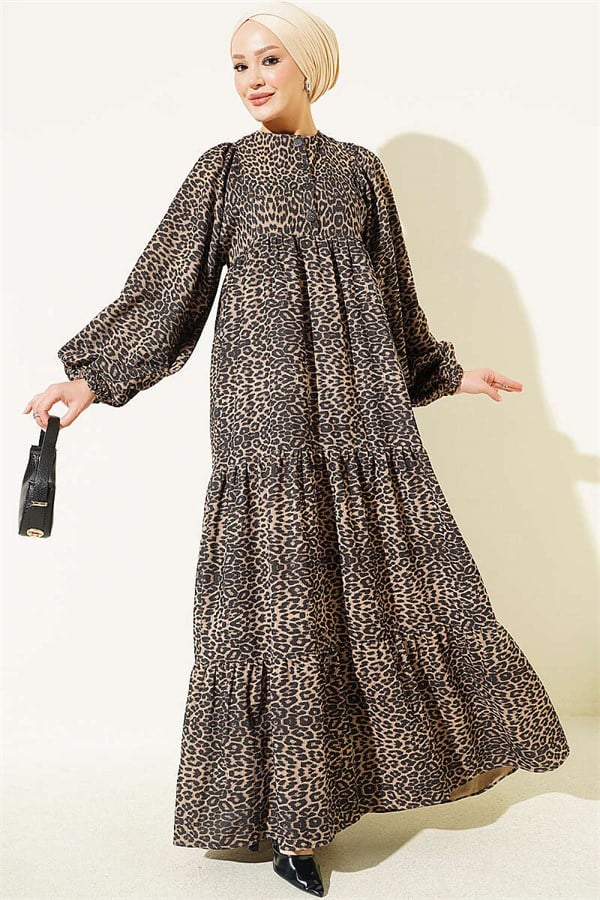 Velvet Dress with Batwing Sleeves and Leopard Print