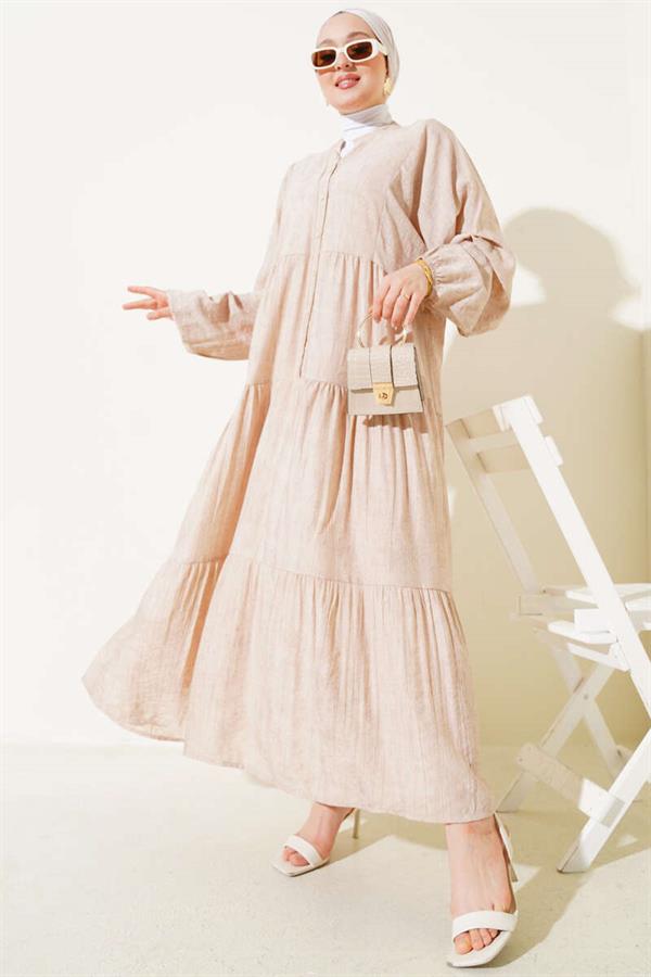 Batwing Sleeve Buttoned Floor Dress Beige