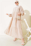 Batwing Sleeve Buttoned Floor Dress Beige