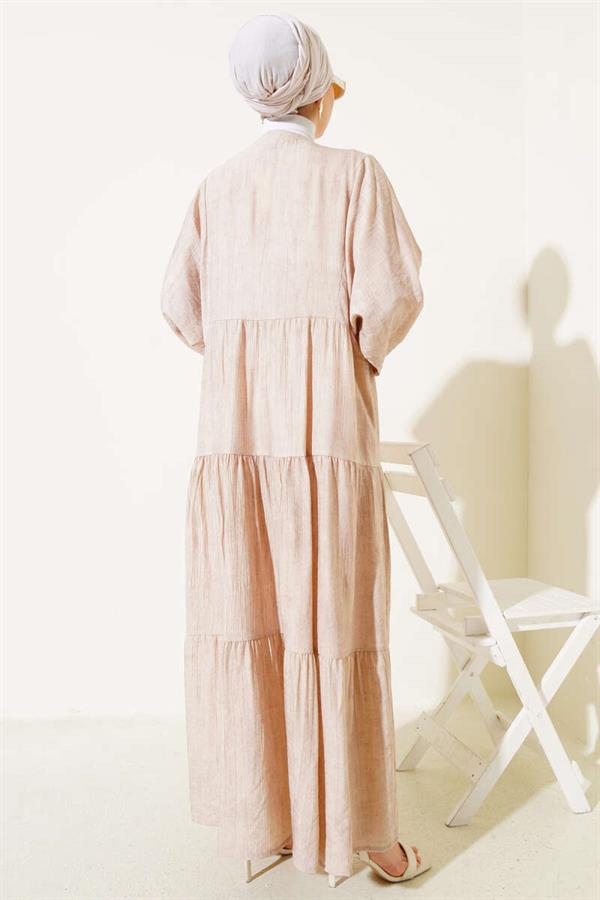 Batwing Sleeve Buttoned Floor Dress Beige