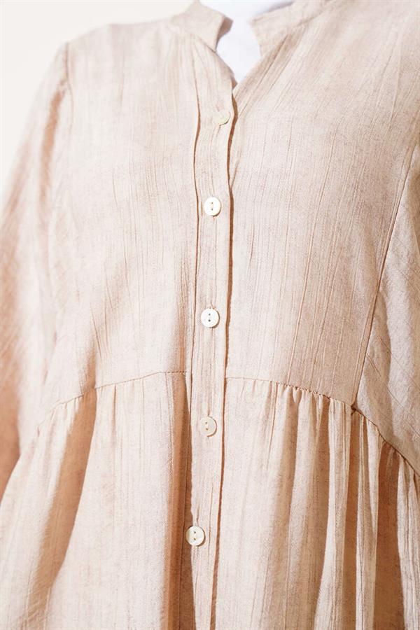 Batwing Sleeve Buttoned Floor Dress Beige