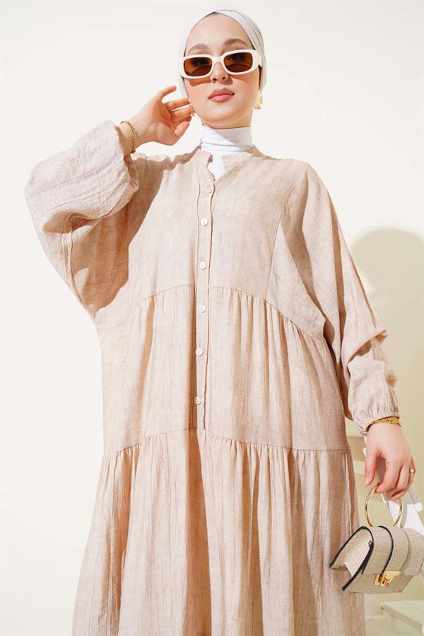Batwing Sleeve Buttoned Floor Dress Beige
