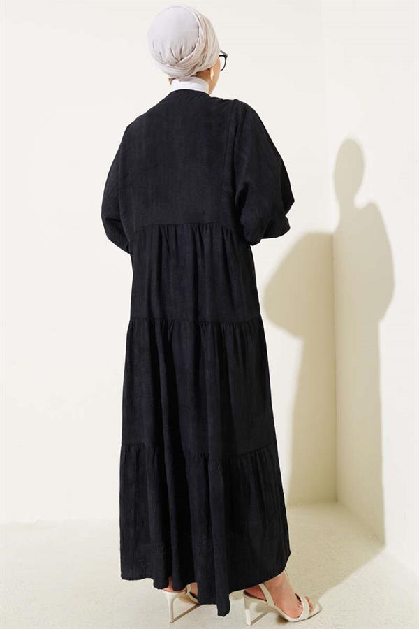Batwing Sleeve Buttoned Floor Dress Black
