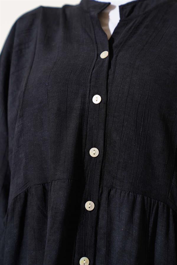 Batwing Sleeve Buttoned Floor Dress Black