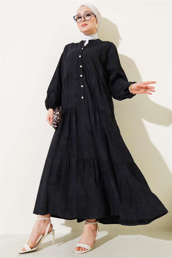 Batwing Sleeve Buttoned Floor Dress Black