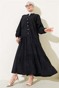 Batwing Sleeve Buttoned Floor Dress Black