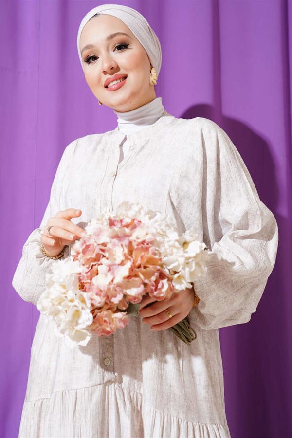 Batwing Sleeve Button Floor Dress Stone