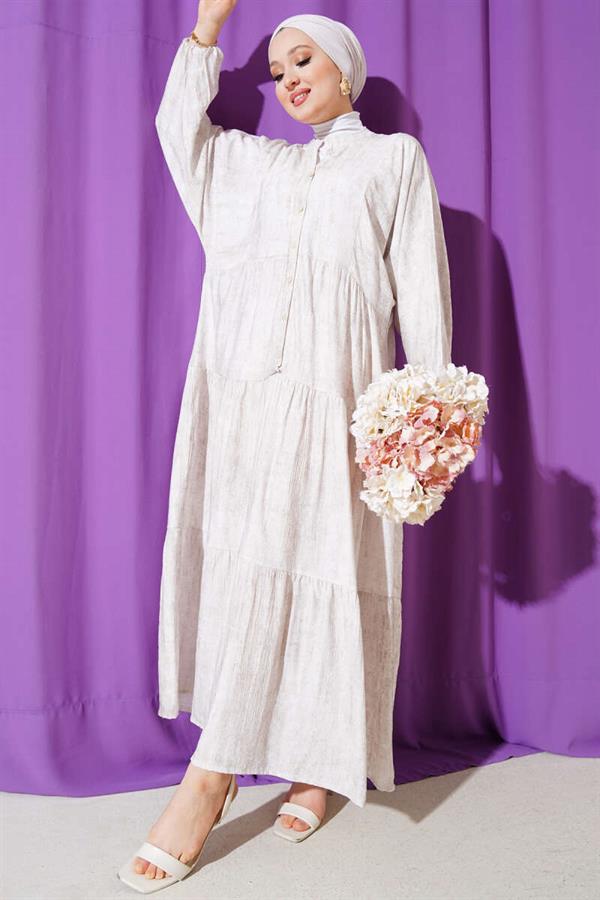 Batwing Sleeve Button Floor Dress Stone