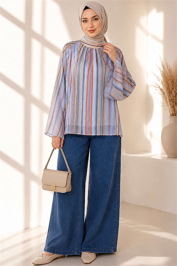 Batwing Sleeve Printed Blouse Blue