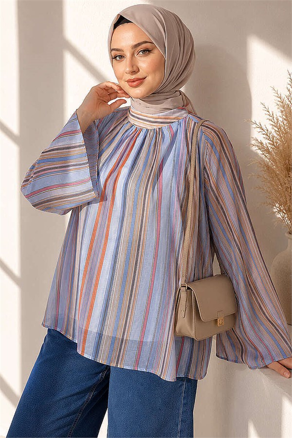 Batwing Sleeve Printed Blouse Blue