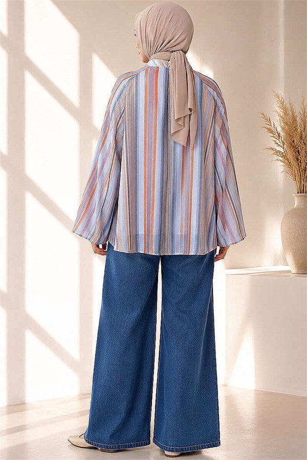 Batwing Sleeve Printed Blouse Blue