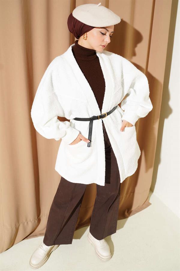 Batwing Sleeve Belted Boucle Jacket White