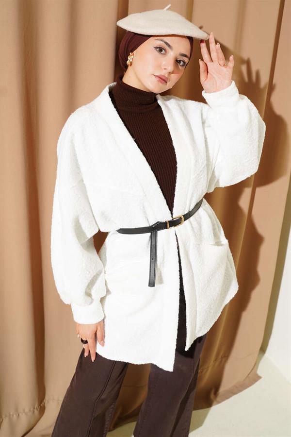 Batwing Sleeve Belted Boucle Jacket White