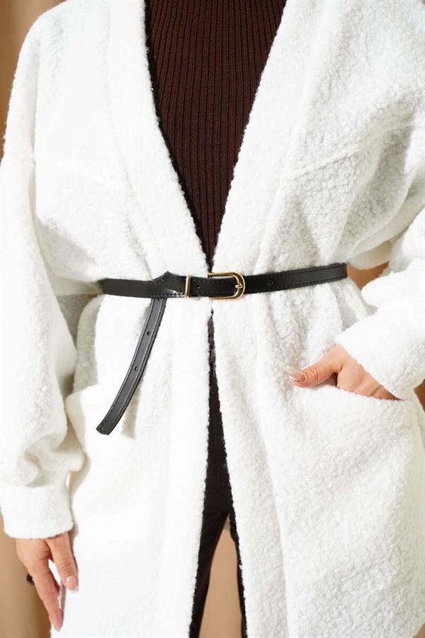Batwing Sleeve Belted Boucle Jacket White