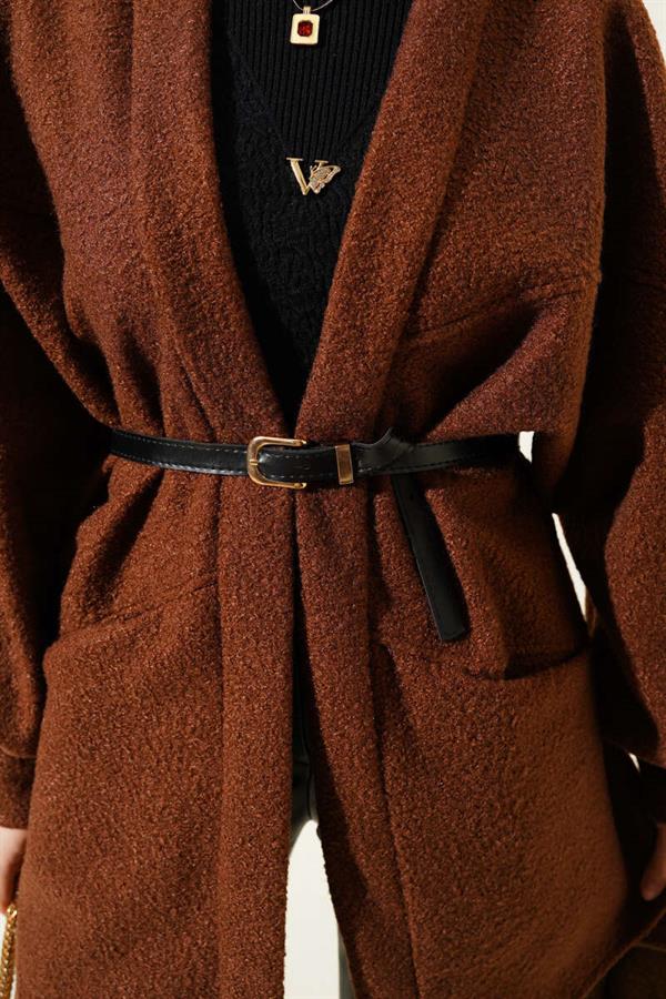 Bat Sleeve Belted Boucle Jacket Brown