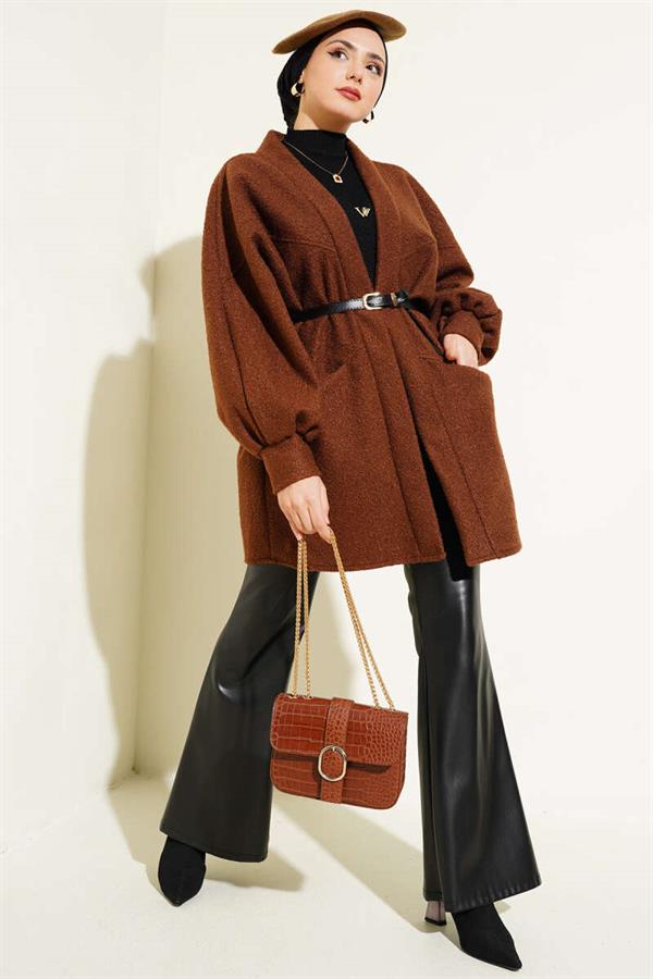 Bat Sleeve Belted Boucle Jacket Brown