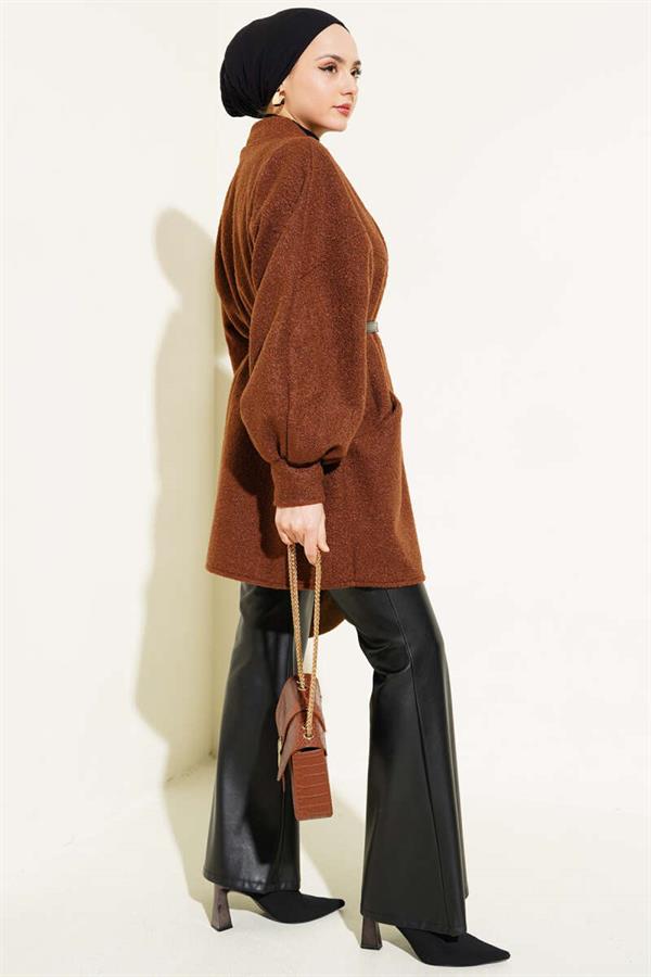 Bat Sleeve Belted Boucle Jacket Brown