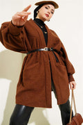 Bat Sleeve Belted Boucle Jacket Brown