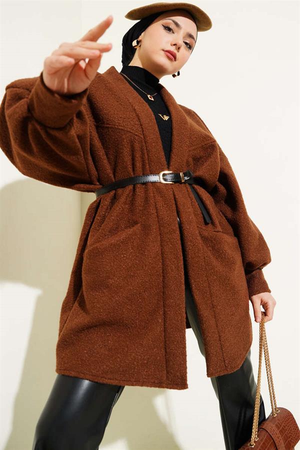 Bat Sleeve Belted Boucle Jacket Brown