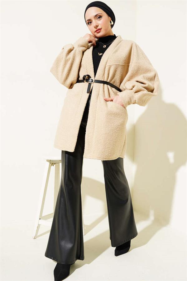 Batwing Belted Boucle Jacket Latte