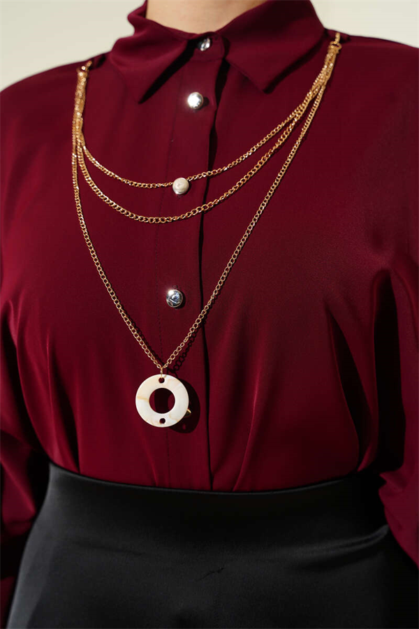 Oversize Shirt with Batwing Sleeve Necklace, Burgundy