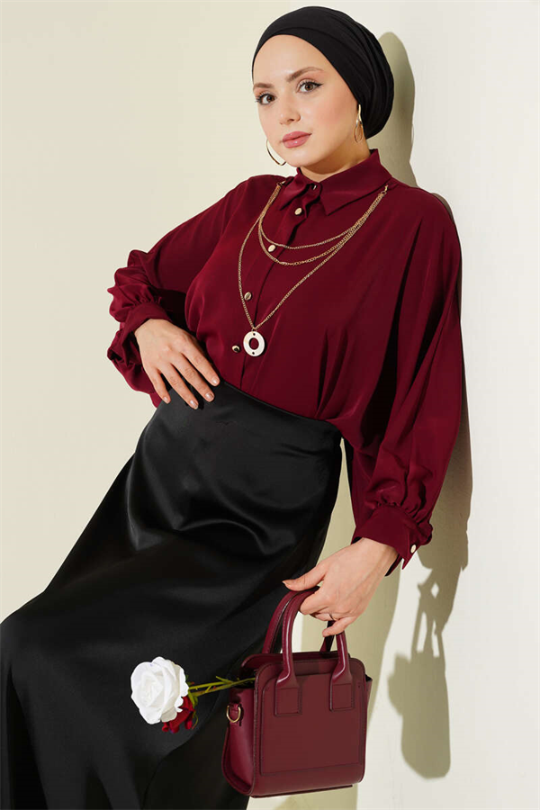 Oversize Shirt with Batwing Sleeve Necklace, Burgundy