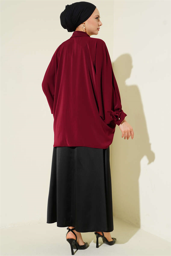 Oversize Shirt with Batwing Sleeve Necklace, Burgundy
