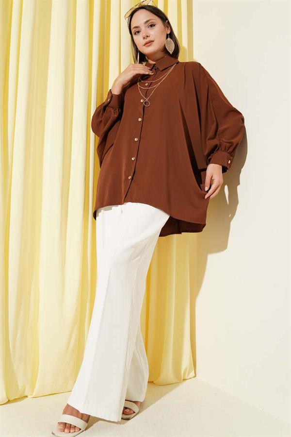 Oversized Shirt with Bat Sleeve Necklace, Brown