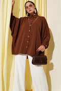 Oversized Shirt with Bat Sleeve Necklace, Brown