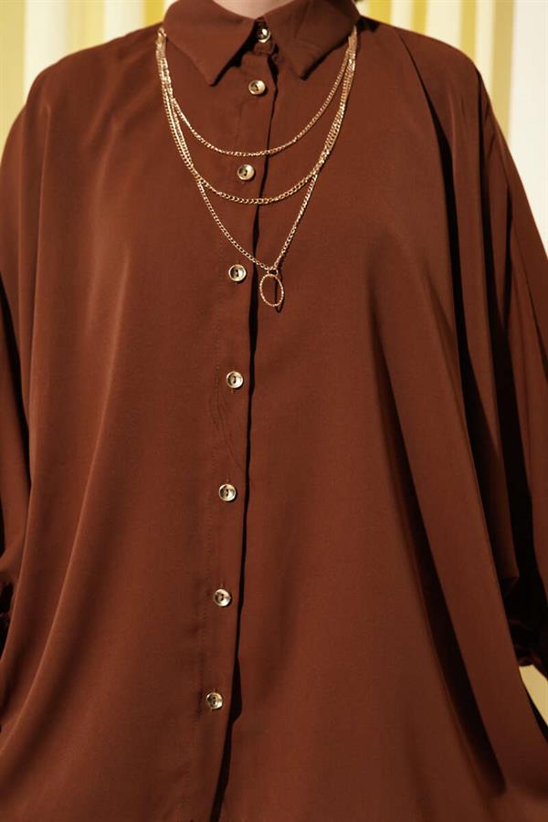 Oversized Shirt with Bat Sleeve Necklace, Brown