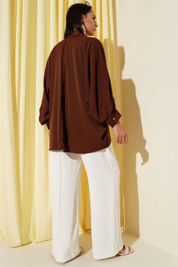 Oversized Shirt with Bat Sleeve Necklace, Brown