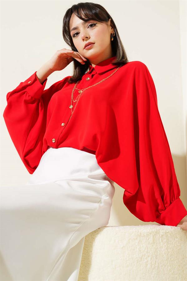 Oversize Shirt with Batwing Sleeve Necklace, Red