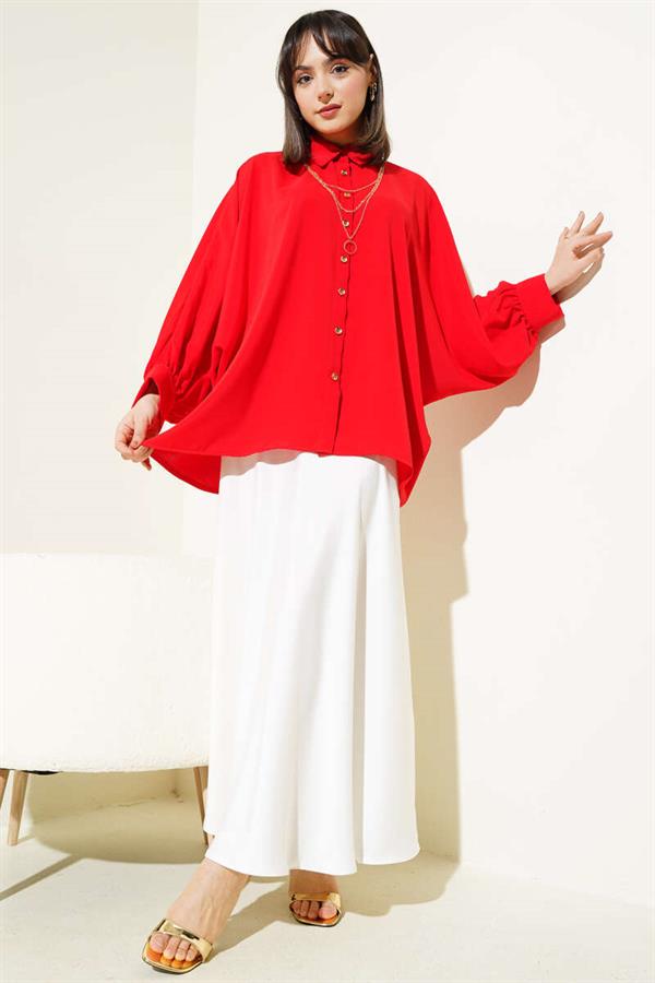 Oversize Shirt with Batwing Sleeve Necklace, Red