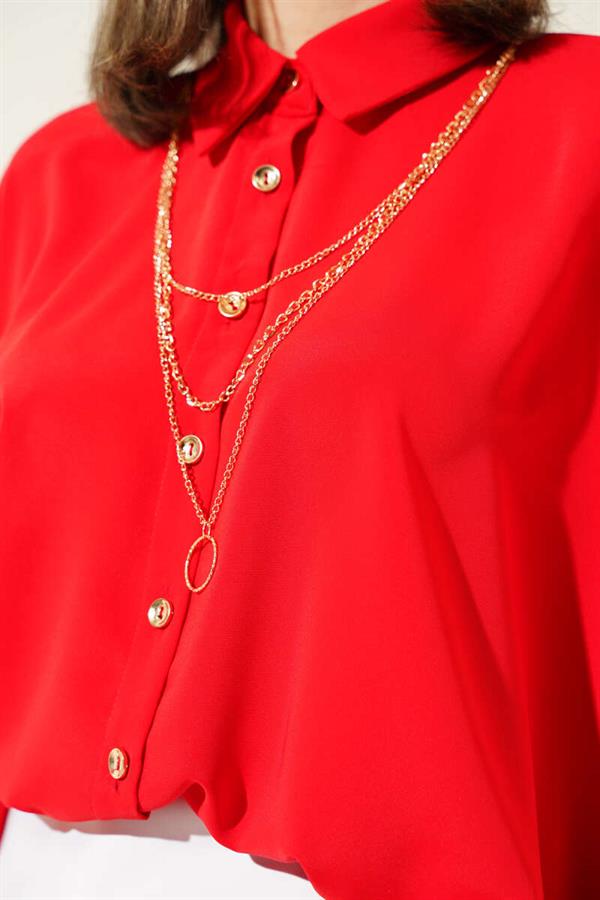 Oversize Shirt with Batwing Sleeve Necklace, Red