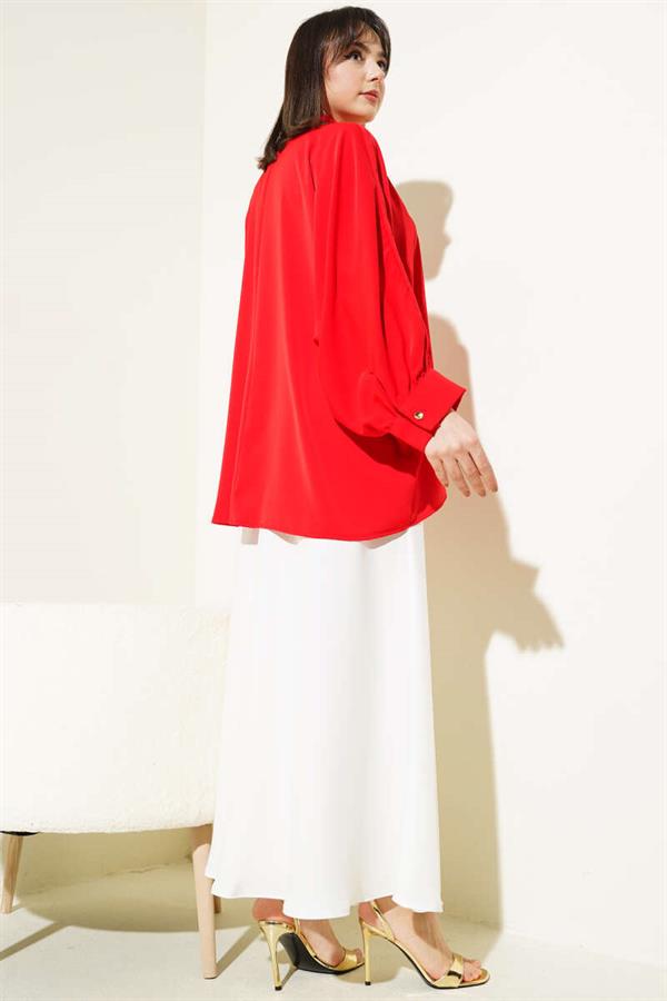 Oversize Shirt with Batwing Sleeve Necklace, Red