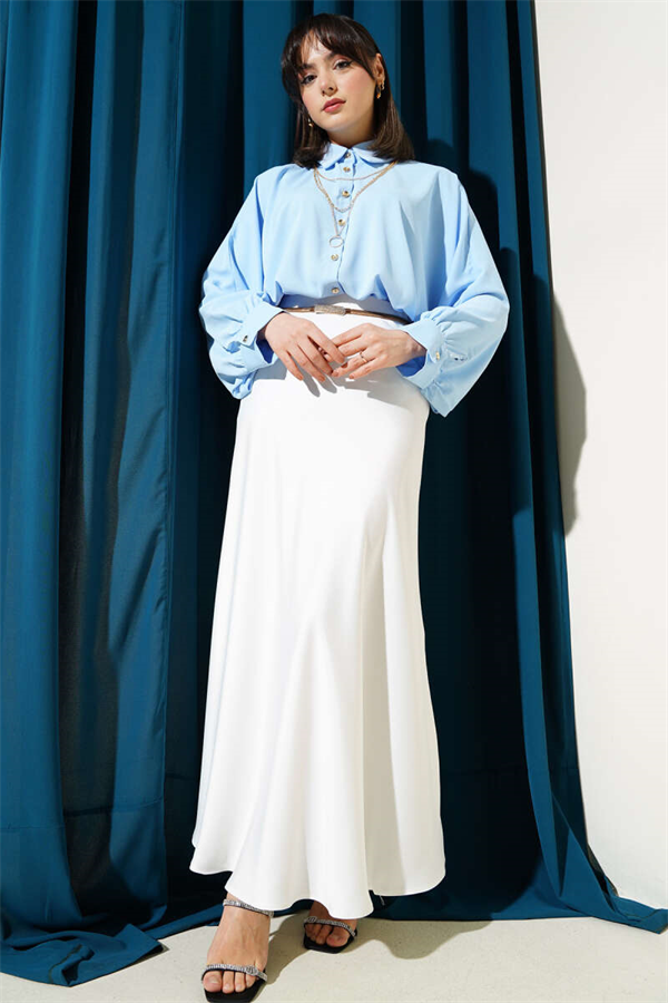 Oversize Shirt with Batwing Sleeve Necklace, Blue