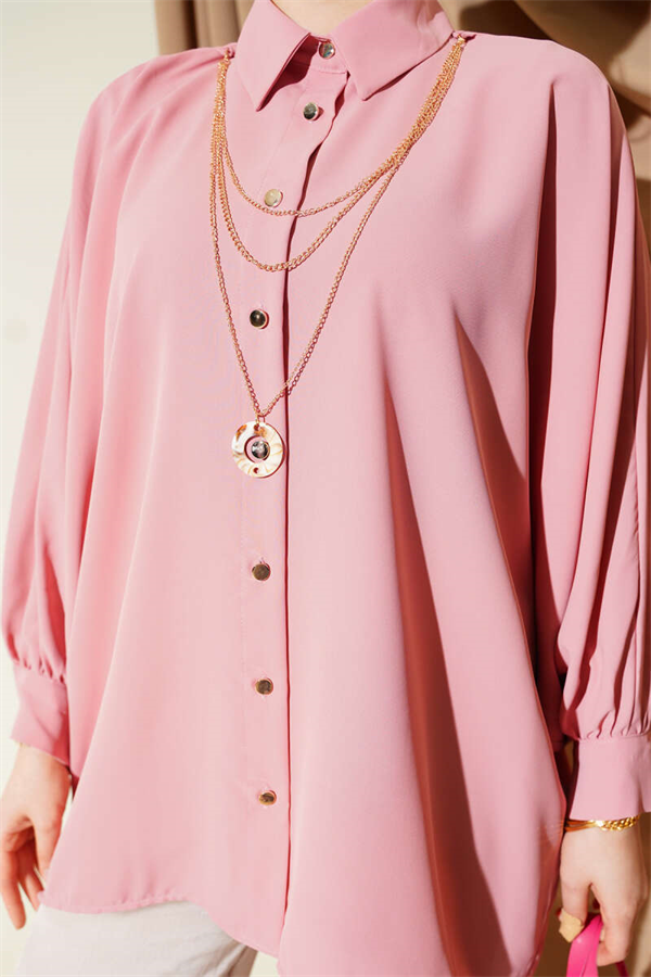 Oversize Shirt with Batwing Sleeve Necklace, Powder Pink