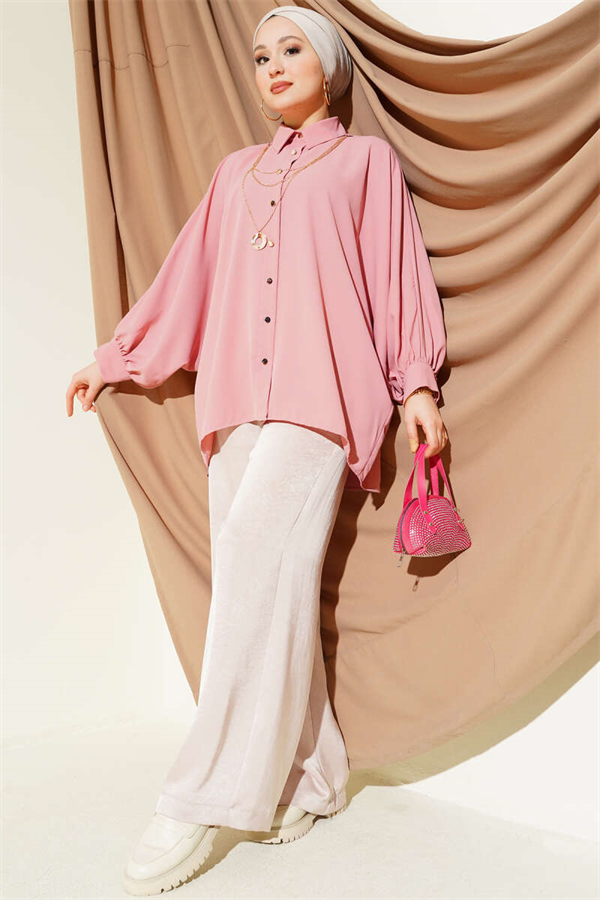 Oversize Shirt with Batwing Sleeve Necklace, Powder Pink