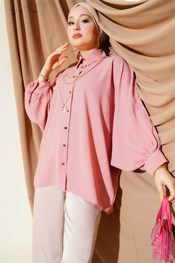 Oversize Shirt with Batwing Sleeve Necklace, Powder Pink