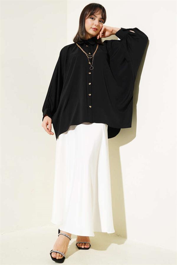 Oversize Shirt with Batwing Sleeve Necklace, Black