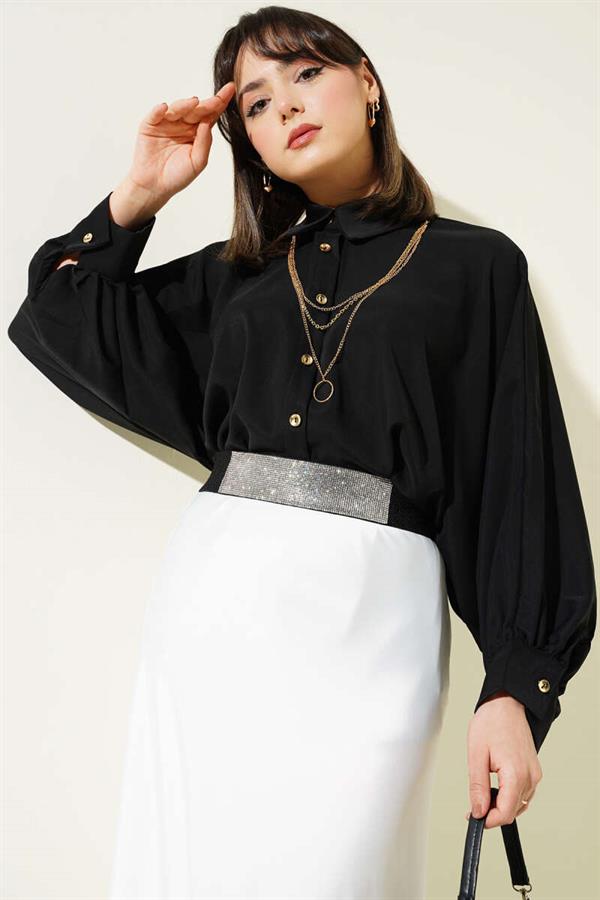 Oversize Shirt with Batwing Sleeve Necklace, Black