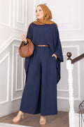 Two-Piece Set with Batwing Sleeves and Loose-Fitting Pants, Navy Blue