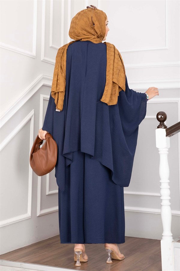 Two-Piece Set with Batwing Sleeves and Loose-Fitting Pants, Navy Blue