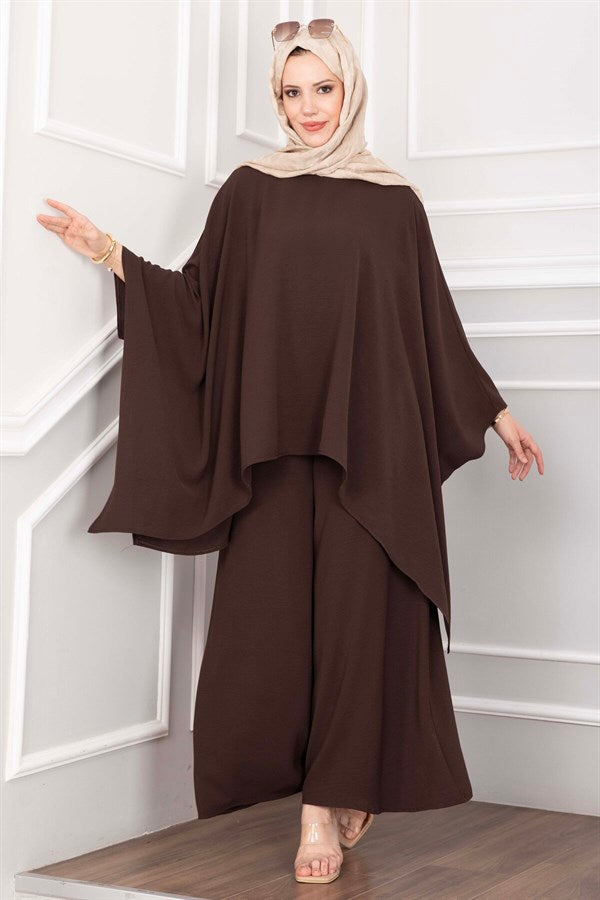 Batwing Sleeve Loose-Fitting Pants Two-Piece Set in Coffee