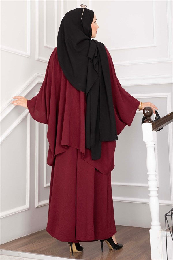Batwing Sleeve Loose-Fitting Pants Two-Piece Set in Burgundy