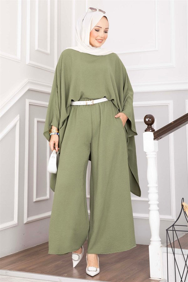 Batwing Sleeve Loose-Fitting Pants Two-Piece Set in Green Olive