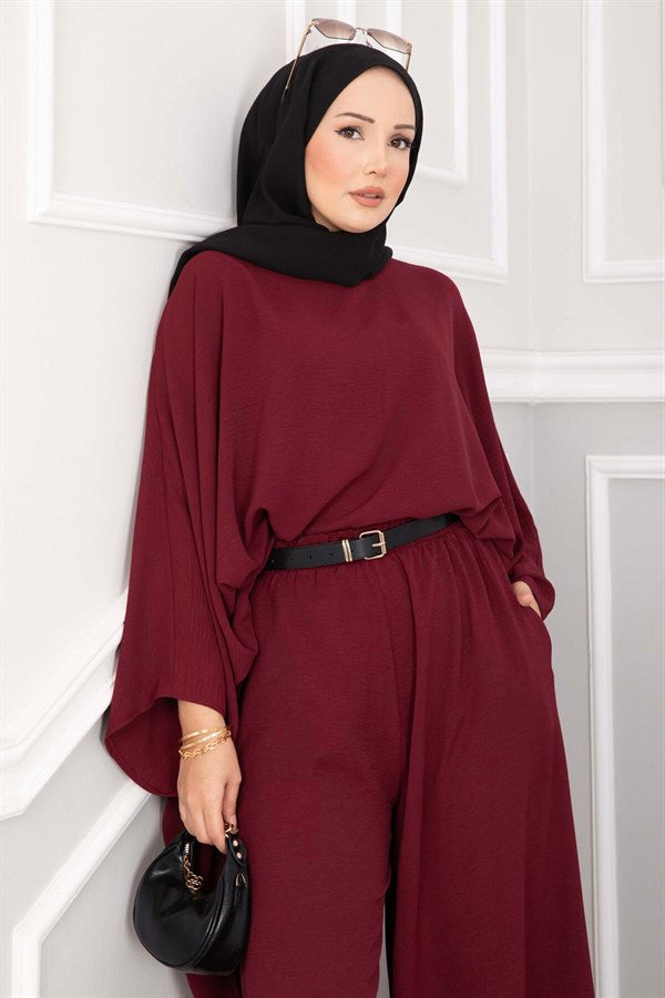 Batwing Sleeve Loose-Fitting Pants Two-Piece Set in Burgundy